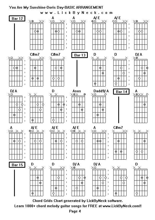 Chord Grids Chart of chord melody fingerstyle guitar song-You Are My Sunshine-Doris Day-BASIC ARRANGEMENT,generated by LickByNeck software.